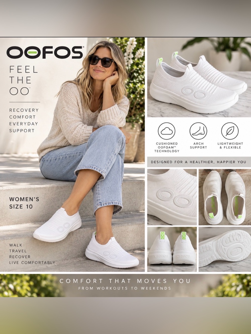 OOFOS 00mg eeZee Low White Recovery Slip On Shoes women’s size 10